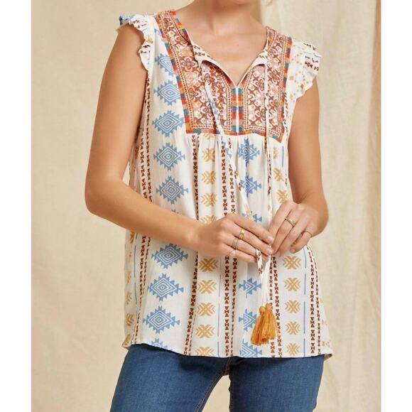 Savanna Jane Womens Boho Southwestern Aztec Print Flutter Sleeve Blouse Size 1X - Picture 1 of 9